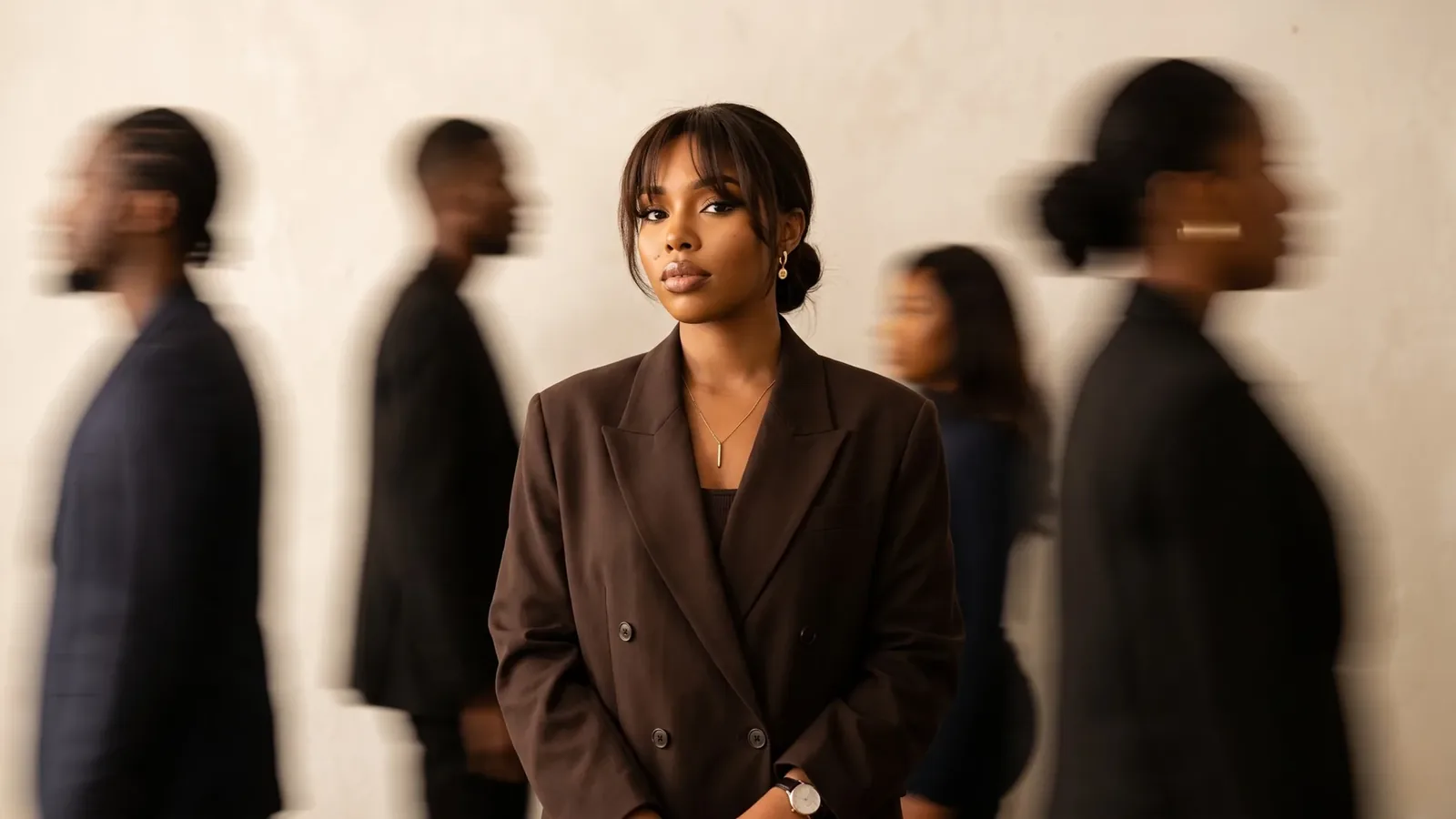 A Blizsocials brand strategist stands still and in focus while five other figures blur past her against a cream wall