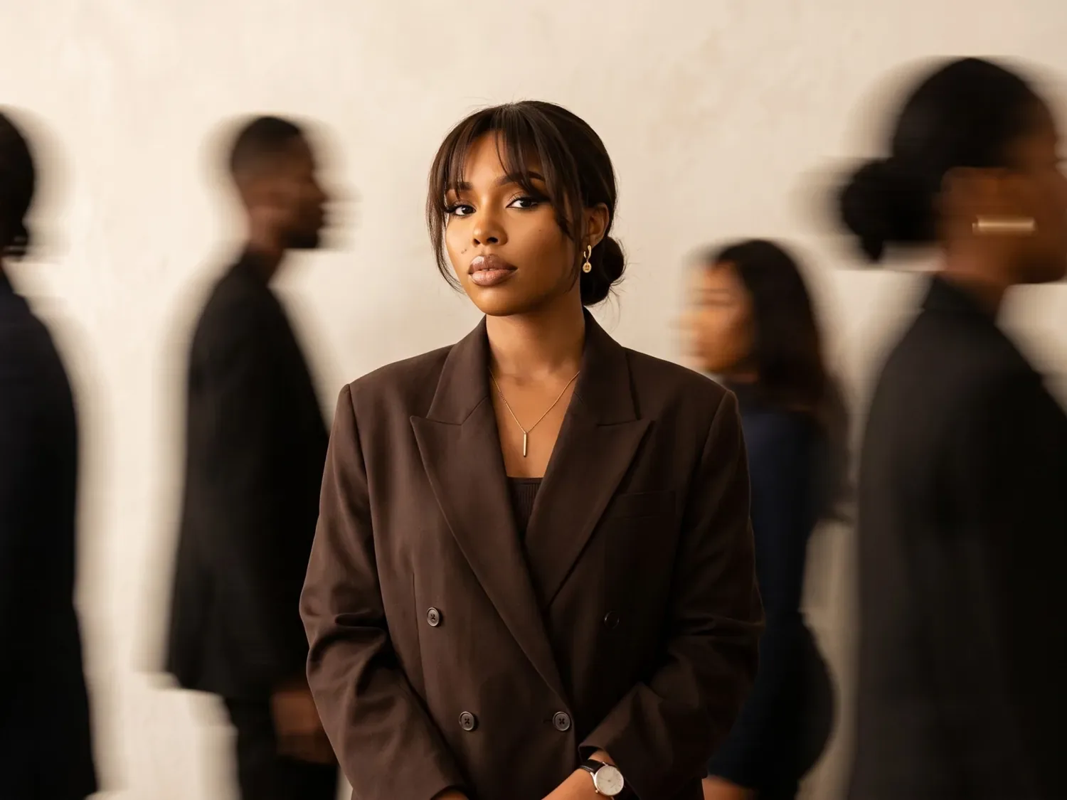 A Blizsocials brand strategist stands still and in focus while five other figures blur past her against a cream wall