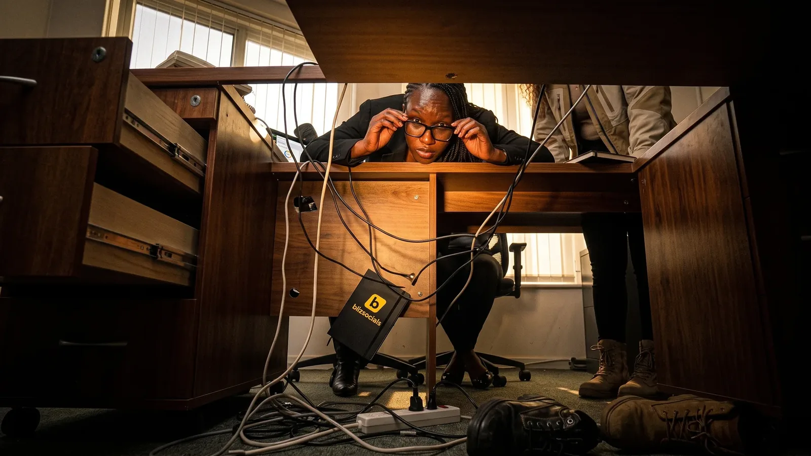 A Blizsocials team member under an office desk among tangled cables, looking out over the top of her glasses
