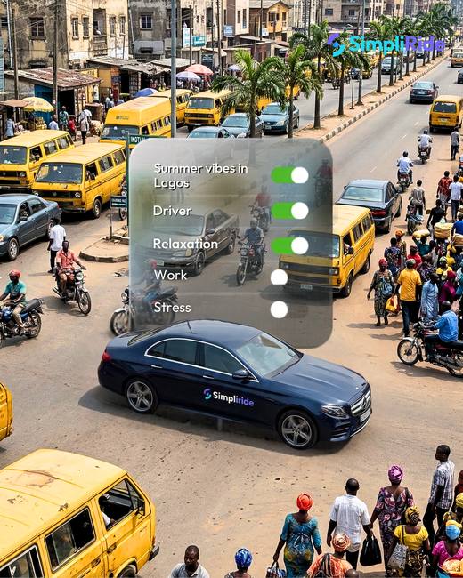 Simpliride campaign creative, Lagos street with branded vehicle
