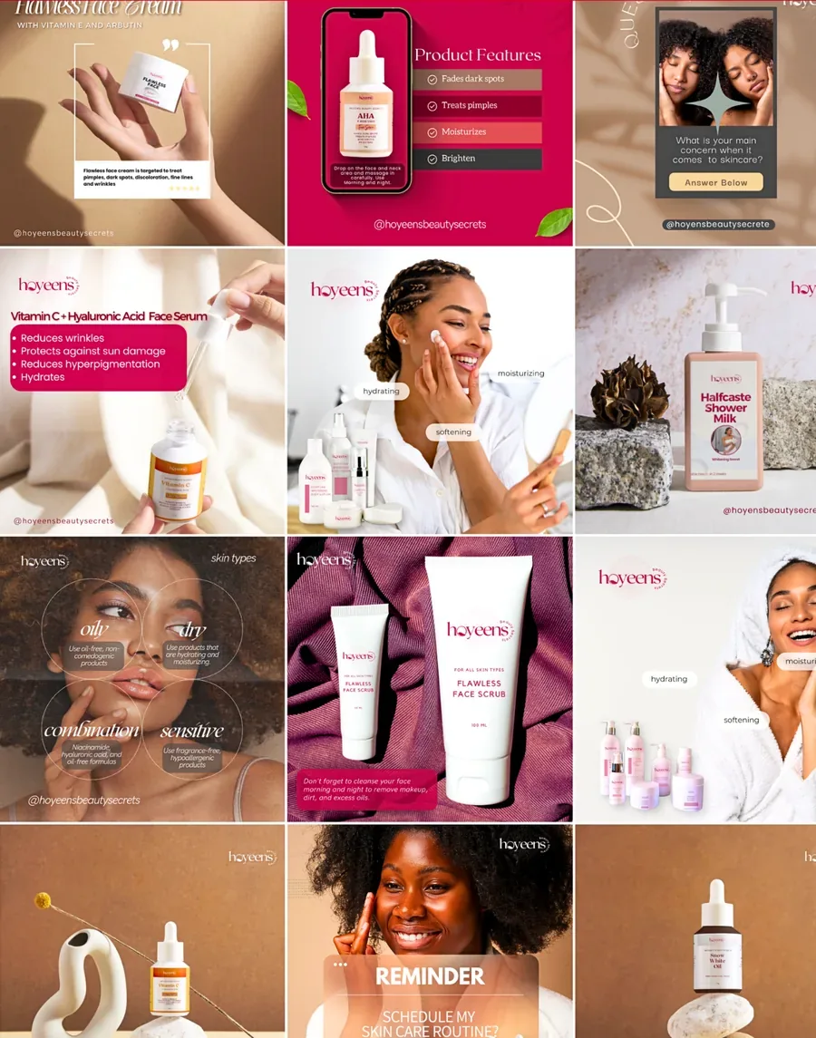 Skincare brand feed grid designed by Blizsocials