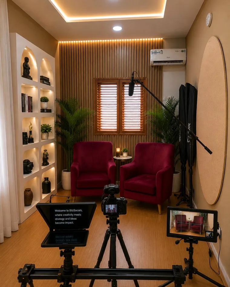 The Blizsocials in-house content studio in Lagos, set up with camera, teleprompter, lighting and interview seating